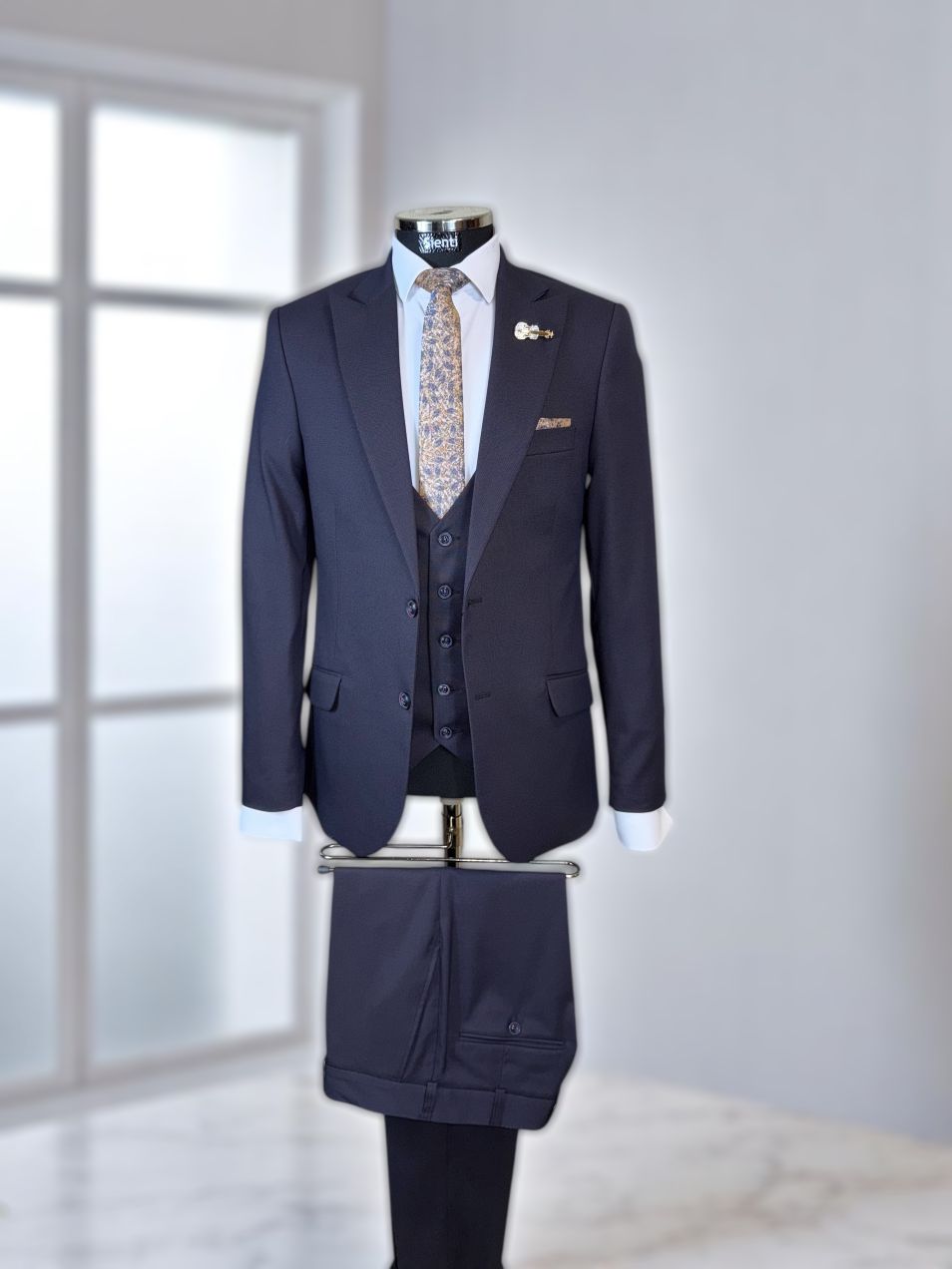 Costum bleumarin cu inserții maro - C3129